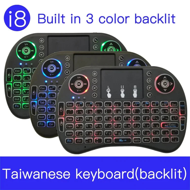 支援語言：台語 i8 空中滑鼠無線背光鍵盤，含觸控板，適用 Android TV Box、智慧電視、PC 平板、Xbox360、PS3、HTPC/IPTV，台語