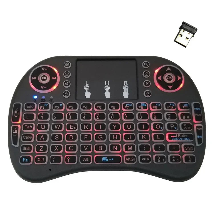 支援語言：義大利語 i8 空中滑鼠無線背光鍵盤，含觸控板，適用 Android TV Box、智慧電視、PC 平板、Xbox360、PS3、HTPC/IPTV，義大利語