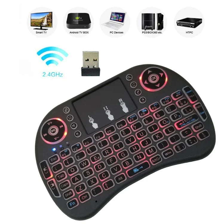 支援語言：義大利語 i8 空中滑鼠無線背光鍵盤，含觸控板，適用 Android TV Box、智慧電視、PC 平板、Xbox360、PS3、HTPC/IPTV，義大利語