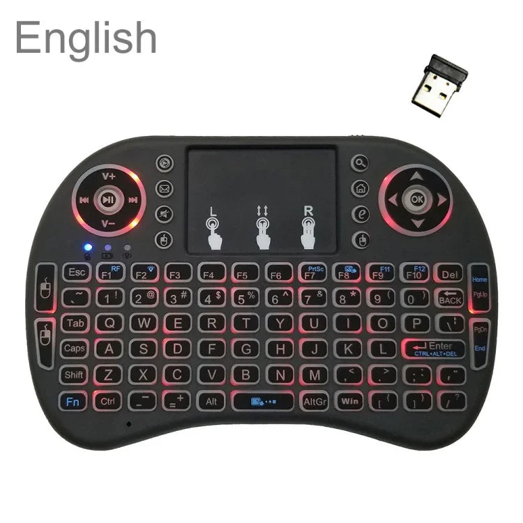 支援語言：英文 i8 空中滑鼠無線背光鍵盤，帶觸控板，適用於 Android TV 盒子、智慧電視、PC 平板、Xbox360、PS3 及 HTPC/IPTV，英文
