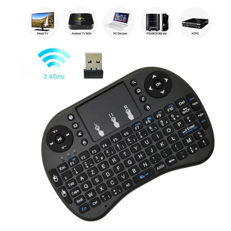 支援語言：法文 i8 空中滑鼠無線鍵盤，帶觸控板，適用於 Android TV 盒子、智慧電視、PC 平板、Xbox360、PS3 及 HTPC/IPTV，法文