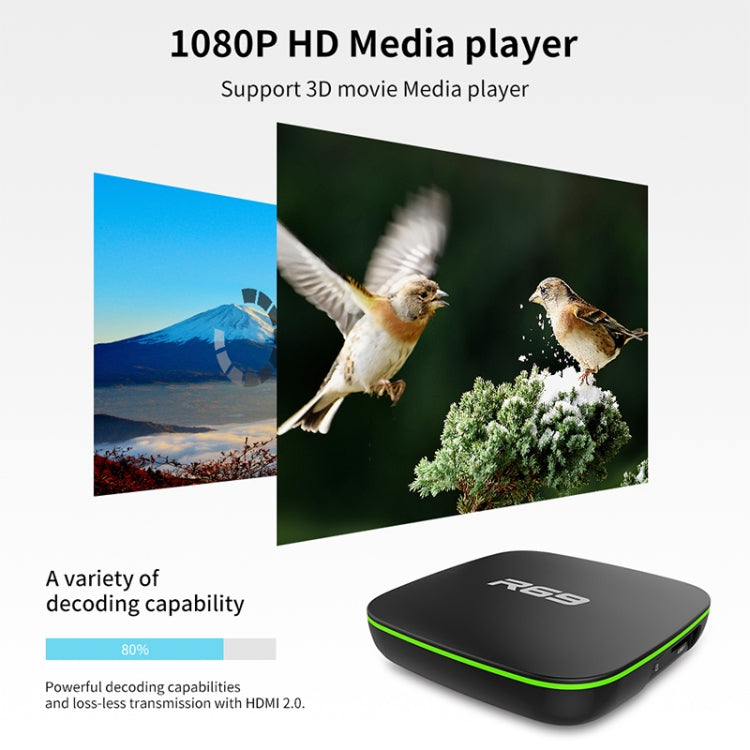 R69 1080P HD 智能電視盒 Android 4.4 媒體播放器，附遙控器，四核 Allwinner H3，RAM：1GB，ROM：8GB，2.4G WiFi，LAN，歐規插頭，1GB+8GB