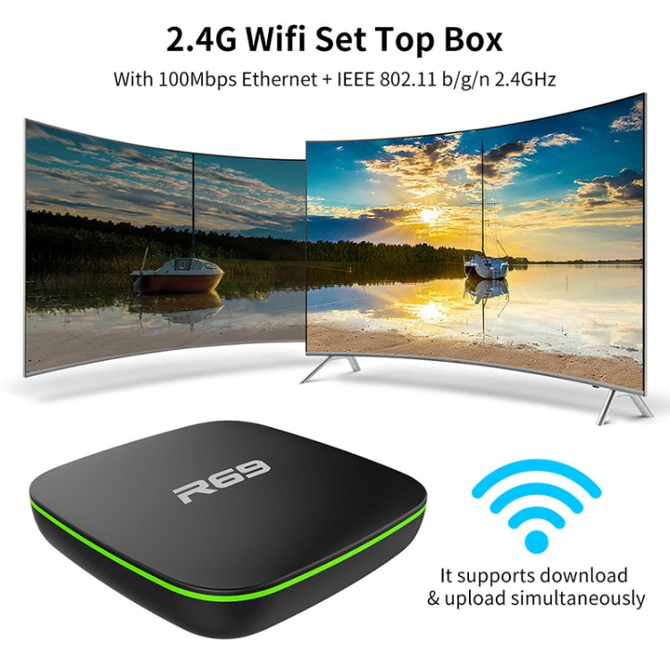 R69 1080P HD 智能電視盒 Android 4.4 媒體播放器，附遙控器，四核 Allwinner H3，RAM：1GB，ROM：8GB，2.4G WiFi，LAN，歐規插頭，1GB+8GB