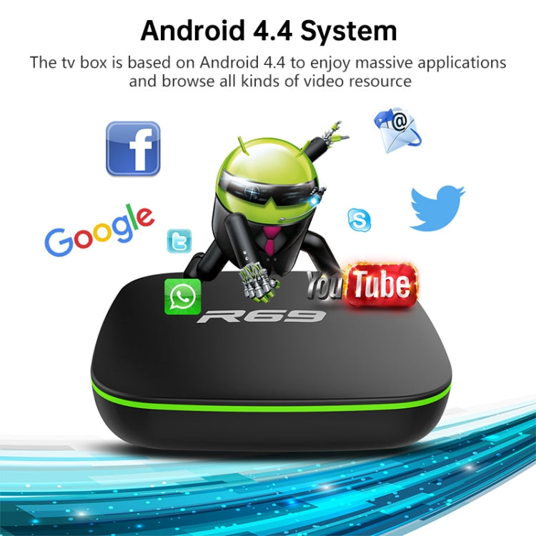 R69 1080P HD 智能電視盒 Android 4.4 媒體播放器，附遙控器，四核 Allwinner H3，RAM：1GB，ROM：8GB，2.4G WiFi，LAN，歐規插頭，1GB+8GB
