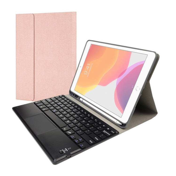 RK102C 可拆卸磁吸塑料藍牙鍵盤帶觸控板 + 絲紋 TPU 平板保護套，適用於 iPad 10.2，帶筆槽和支架，RK102C