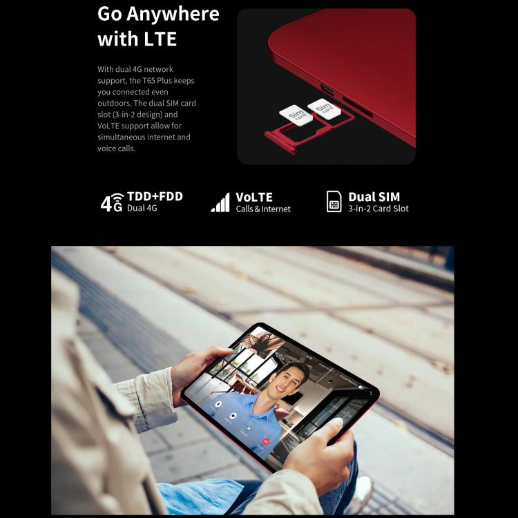 Teclast T65 Plus 4G LTE 平板電腦，8GB+256GB，13.4 吋 Android 15 MediaTek Helio G99 八核心，支援雙 SIM，T65 Plus
