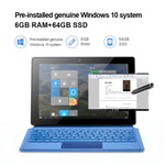 Windows 10 系統，Intel Gemini Lake N4120 四核心最高 2.6GHz，附鍵盤與觸控筆，支援雙頻 WiFi、藍牙、TF 卡與 HDMI，美規插頭，含鍵盤與觸控筆的 W10