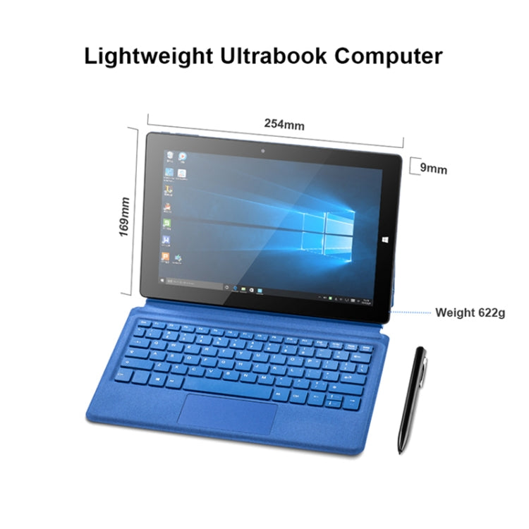 Windows 10 系統，Intel Gemini Lake N4120 四核心最高 2.6GHz，附鍵盤與觸控筆，支援雙頻 WiFi、藍牙、TF 卡與 HDMI，美規插頭，含鍵盤與觸控筆的 W10