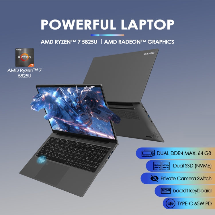 GXMO G156 15.6吋筆記型電腦，16GB+512GB，Windows 11 AMD Ryzen 7 5825U 八核心，支援指紋解鎖，美規插頭，32GB+1TB