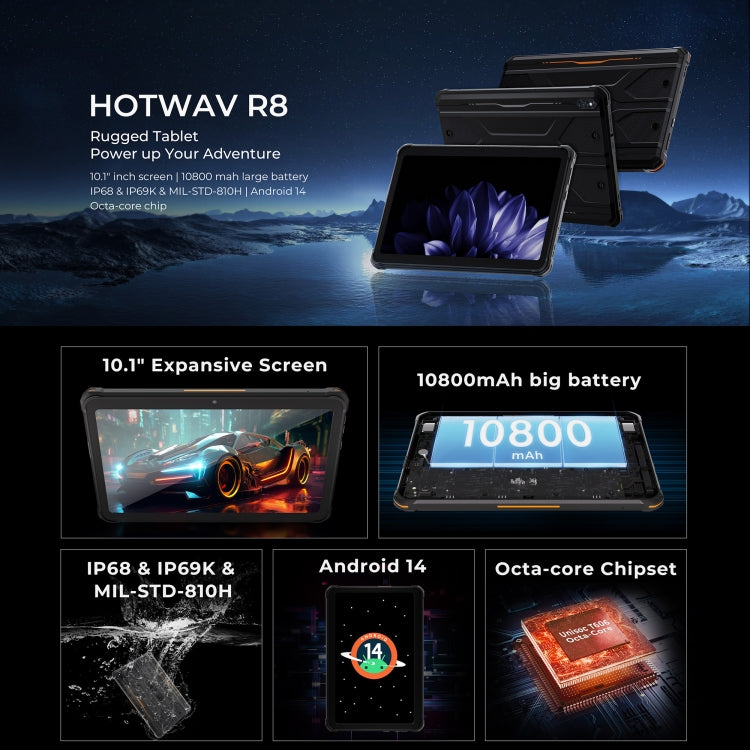 HOTWAV Tab R8 IP68/IP69K 防摔平板電腦，4GB+128GB，10.1 吋 Android 14 Unisoc T606 八核心 4G 網路，全球版含 Google Play，歐規插頭，Tab R8