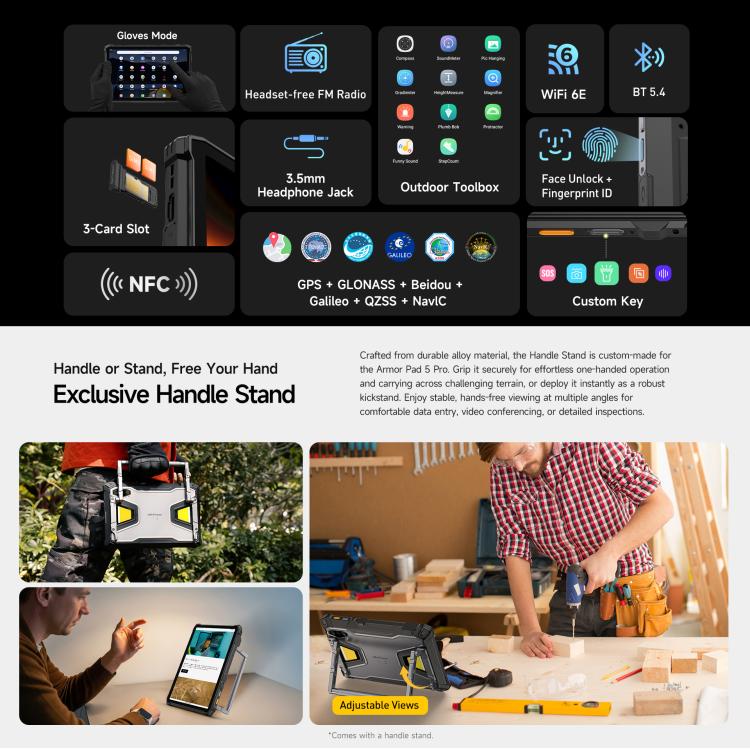 Ulefone Armor Pad 5 Pro 防護平板電腦，12GB+512GB，11 吋 Android 15 MediaTek 天璣 7400X 八核心 5G 網路，歐規插頭，Armor Pad 5 Pro