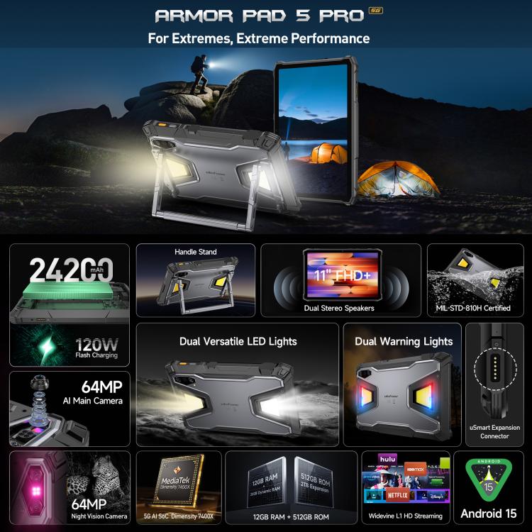 Ulefone Armor Pad 5 Pro 防護平板電腦，12GB+512GB，11 吋 Android 15 MediaTek 天璣 7400X 八核心 5G 網路，歐規插頭，Armor Pad 5 Pro
