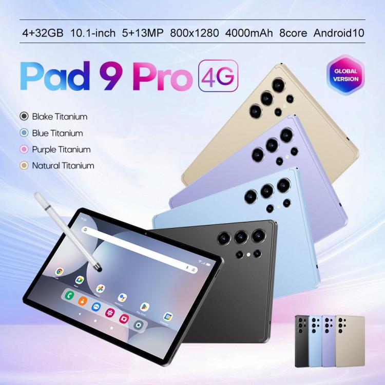 Pad 9 Pro 10.1 吋 4G LTE 平板電腦組合套裝，4GB+32GB，Android 10 MT6755 八核心，附鍵盤／滑鼠／皮套，美規插頭，美規插頭