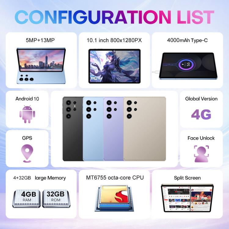 Pad 9 Pro 10.1 吋 4G LTE 平板電腦組合套裝，4GB+32GB，Android 10 MT6755 八核心，附鍵盤／滑鼠／皮套，英規插頭，英規插頭