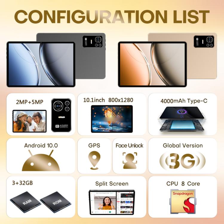 Pad 8 Ultra 10.1 吋 3G 通話平板電腦，3GB+32GB，Android 10 MTK6755 八核心，歐規插頭，歐規插頭