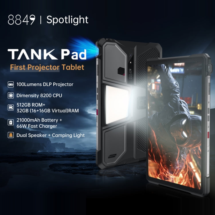 Unihertz 8849 Tank Pad 防摔平板電腦與投影機，16GB+512GB，10.95 吋 Android 14 Dimensity 8200 八核心 5G 網路，歐規插頭，Tank Pad 5G 網路
