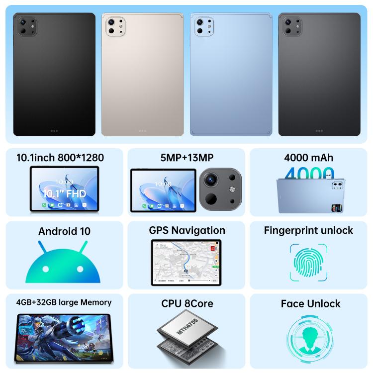 Pro 13 10.1 吋 4G LTE 平板電腦，4GB+32GB，Android 10 MTK6755 八核心，美規插頭，美規插頭