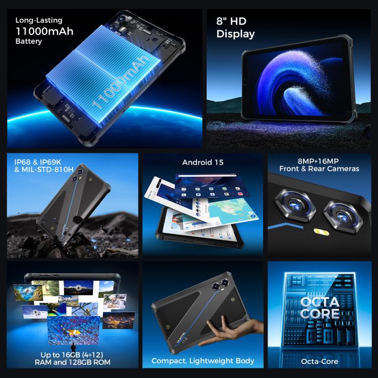 OUKITEL RT3 Plus 4G 網路 IP68/IP69K 防護平板，4GB+128GB，8.0 吋 Android 15 MediaTek G81 八核心，支援雙 SIM，歐規插頭，RT3 Plus 4GB+128GB