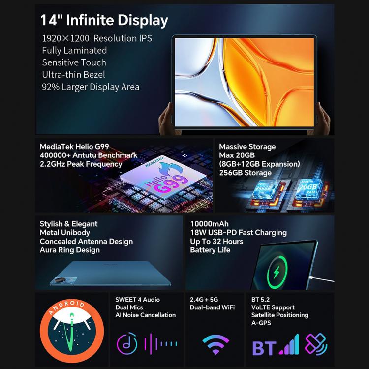 Teclast T70 4G LTE Tablet PC, 8GB+256GB, 14 inch Android 14 MediaTek Helio G99 Octa Core, Support Dual SIM, T70 8GB+256GB