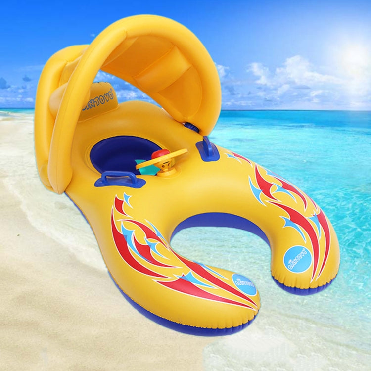 兒童水上遮陽游泳圈遊艇，尺寸：100x70厘米，黃色圖案，藍色海洋魚圖案，米色海洋魚圖案