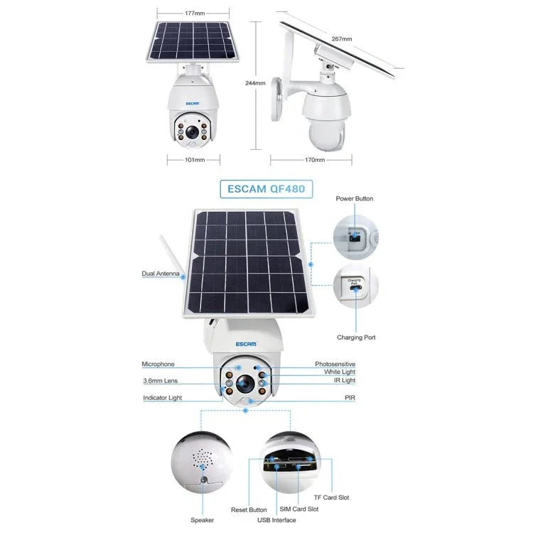 ESCAM QF480 US Version HD 1080P IP66 Waterproof 4G Solar Panel PT IP Camera without Battery, Support Night Vision / Motion Detection / TF Card / Two Way Audio - Trustpick