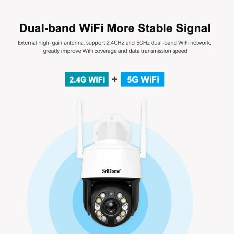 SriHome SH041 5.0MP 20X Optical Zoom 2.4G/5G WiFi Waterproof AI Auto Tracking H.265 Video Surveillance - Trustpick